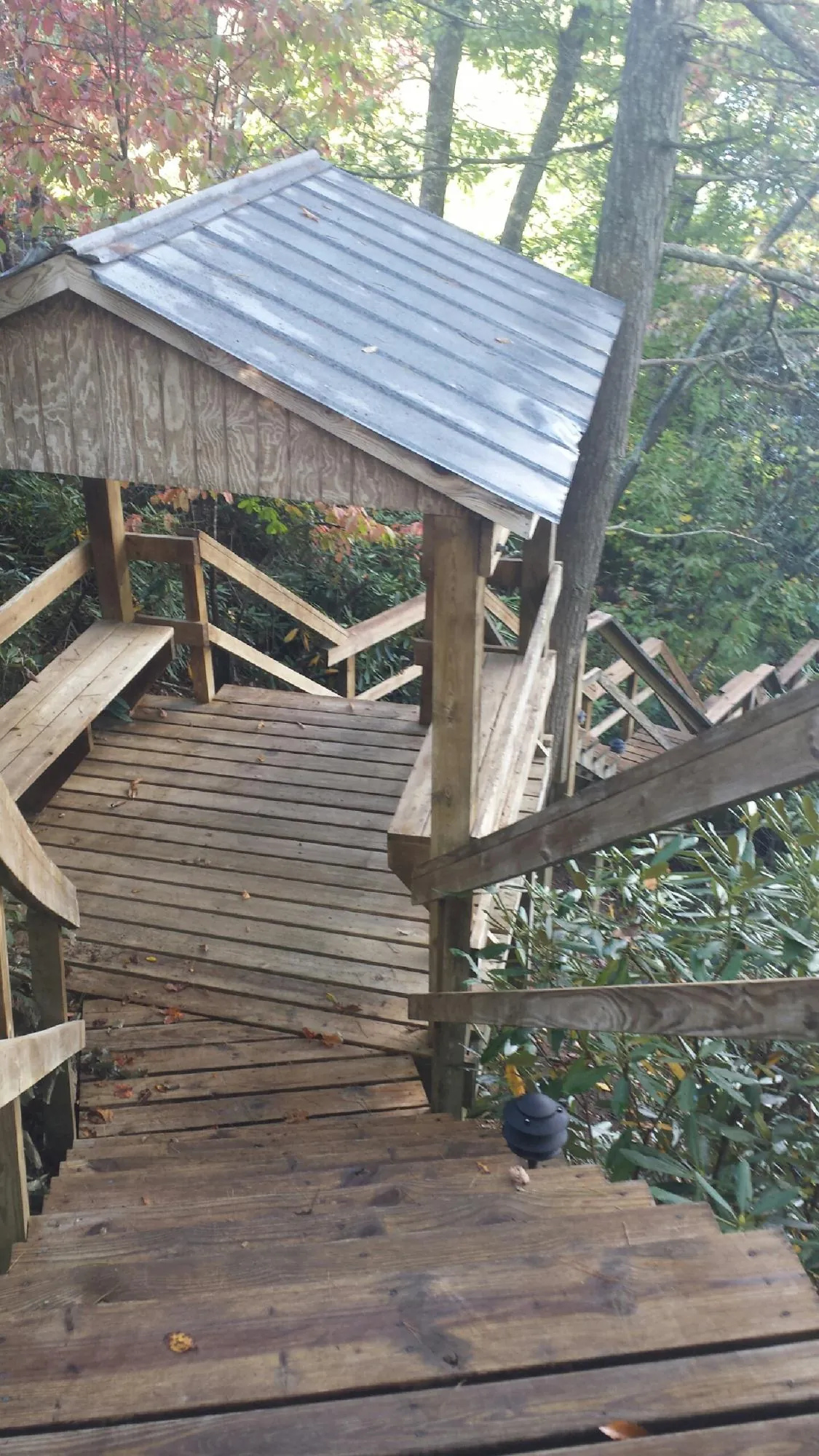 Metal roofed shelter over wooden steps on a wooded walkway — Skylight Repair & Installation work by our crew in Bobtown